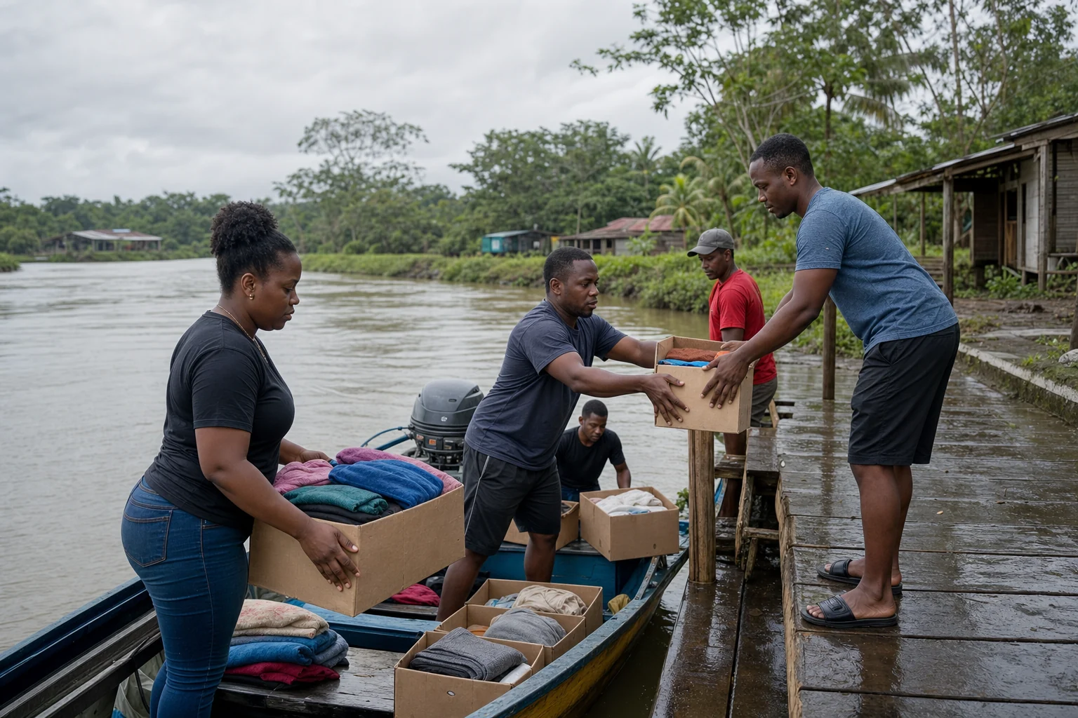 Concept scene of adults unloading household goods beside a river in Chocó