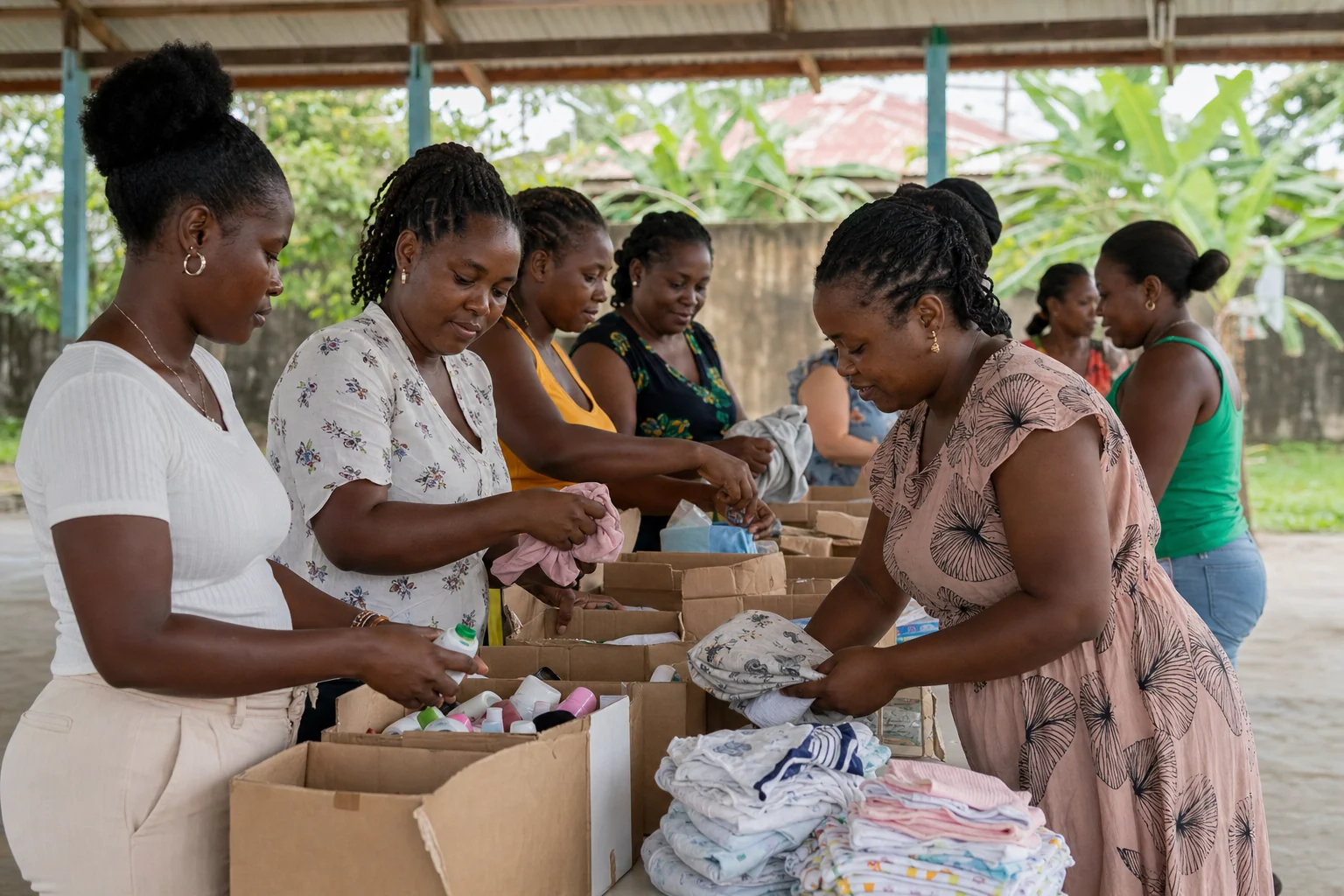 Concept scene of adult women organizing care kits at a community center in Quibdó