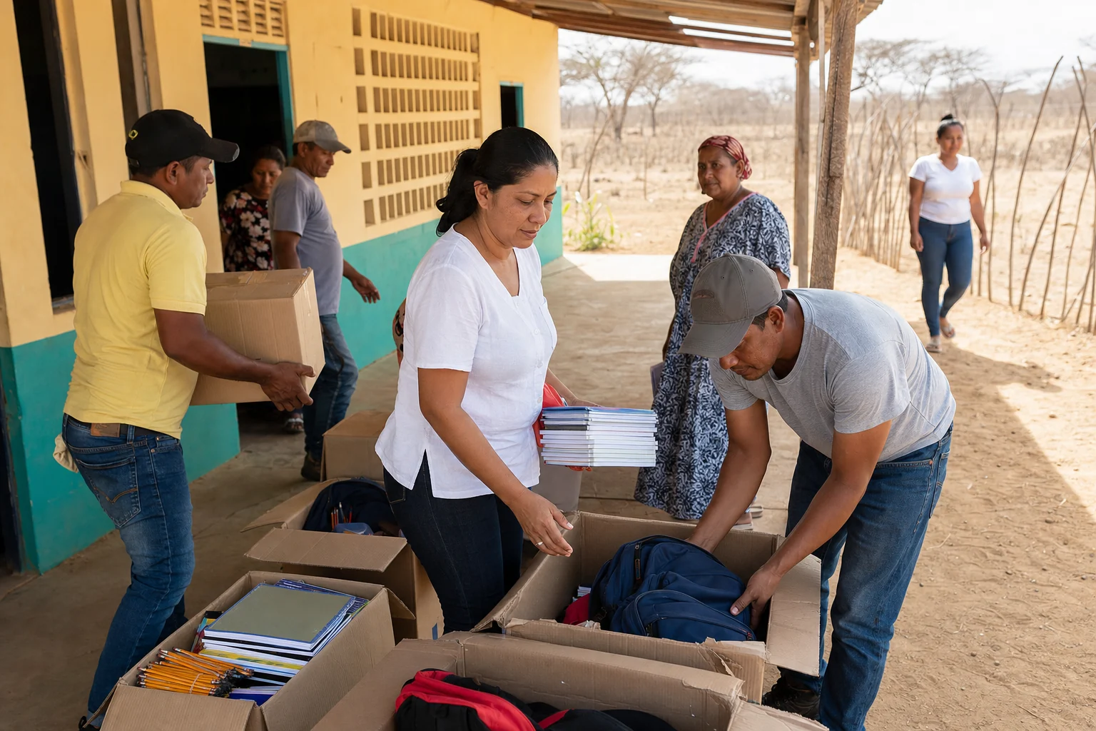 Concept scene of adults organizing school supplies at a rural school in La Guajira
