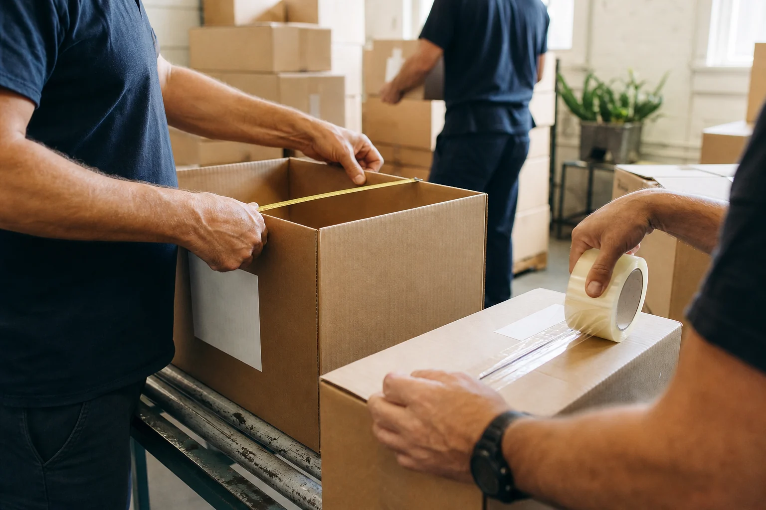 Adult volunteers measure and seal unbranded boxes