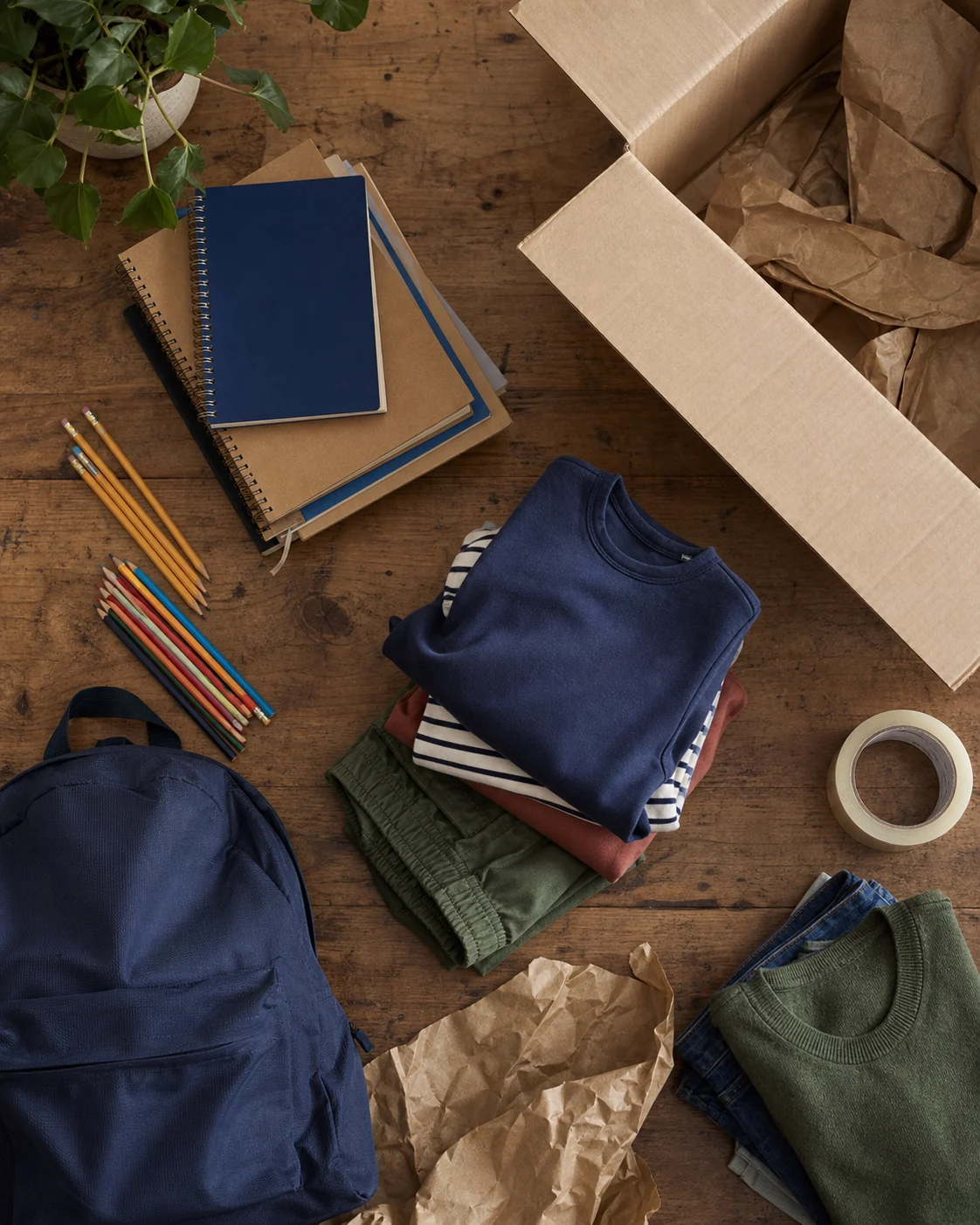 School supplies, clothing and a box arranged on a worktable